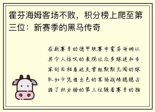 霍芬海姆客场不败，积分榜上爬至第三位：新赛季的黑马传奇